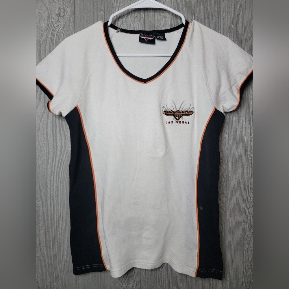 Harley-Davidson White and Black V-Neck‎ T-Shirt Small Call Out On Front And back